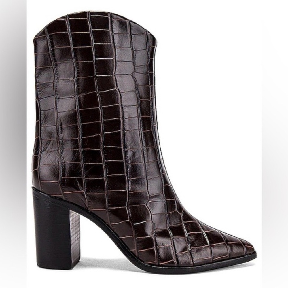 SCHUTZ Dark Brown Croc-Embossed Heeled Boots - Like New